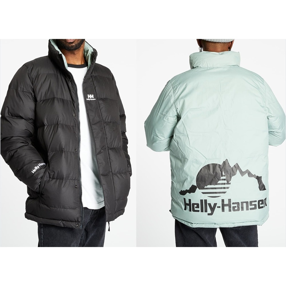 Helly Hansen Reversible Puffer Jacket Black Sage Green Mountain Graphic Mens XL